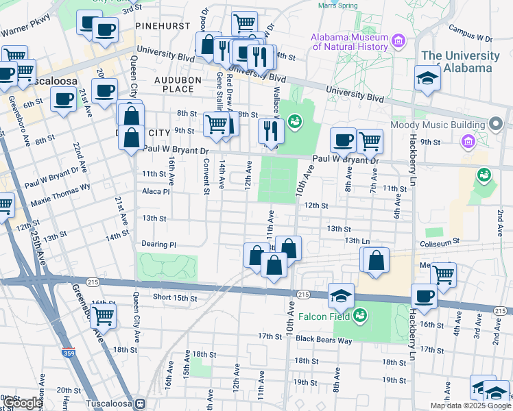 map of restaurants, bars, coffee shops, grocery stores, and more near 1202 12th Street in Tuscaloosa