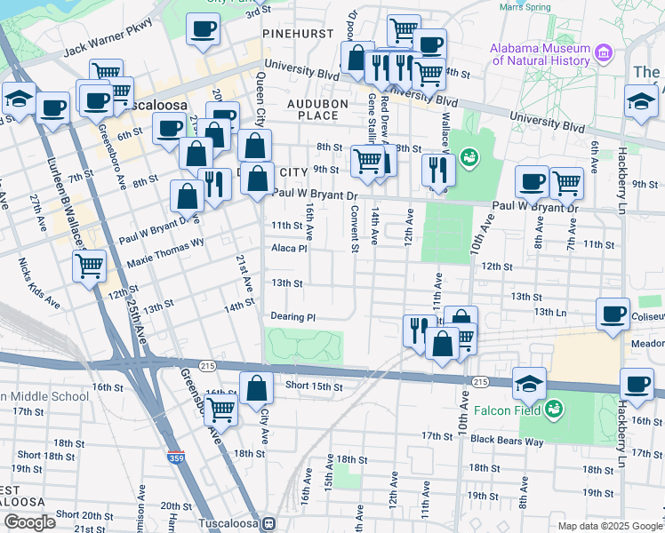map of restaurants, bars, coffee shops, grocery stores, and more near 1208 Convent Street in Tuscaloosa