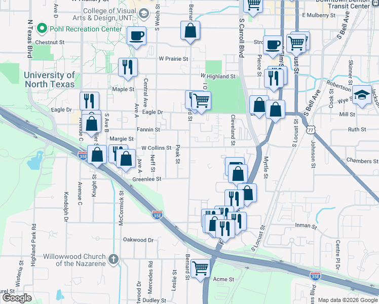 map of restaurants, bars, coffee shops, grocery stores, and more near 866 West Collins Street in Denton
