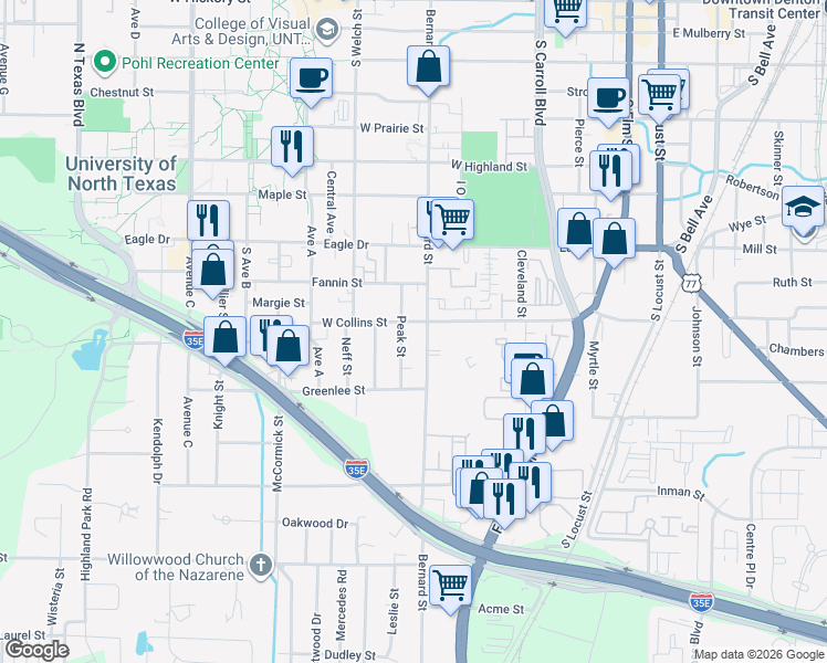map of restaurants, bars, coffee shops, grocery stores, and more near 866 West Collins Street in Denton