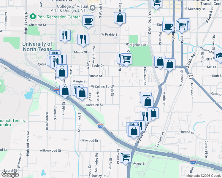 map of restaurants, bars, coffee shops, grocery stores, and more near 1102 Peak Street in Denton