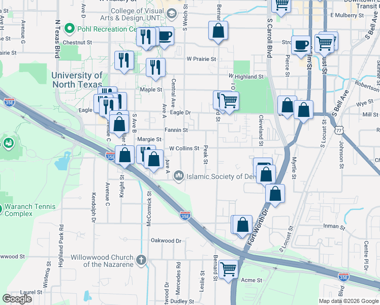 map of restaurants, bars, coffee shops, grocery stores, and more near 1103 West Collins Street in Denton