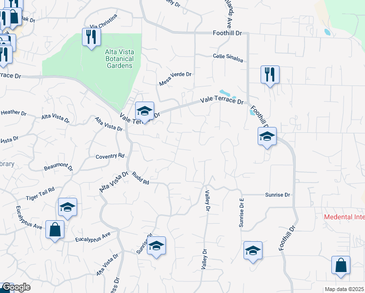 map of restaurants, bars, coffee shops, grocery stores, and more near 324 Skyline Drive in Vista