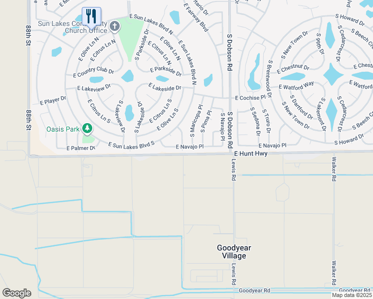 map of restaurants, bars, coffee shops, grocery stores, and more near 9409 East Navajo Place in Sun Lakes