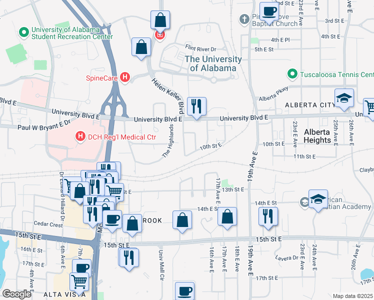 map of restaurants, bars, coffee shops, grocery stores, and more near 30 Beverly Heights in Tuscaloosa