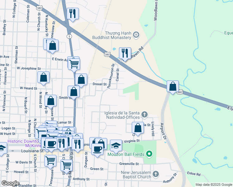 map of restaurants, bars, coffee shops, grocery stores, and more near 713 Pride Court in McKinney