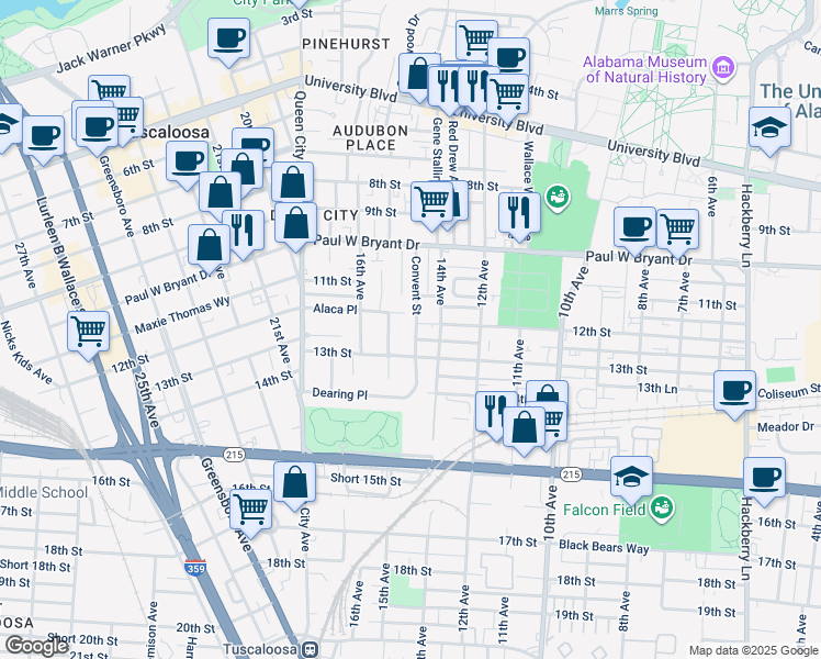 map of restaurants, bars, coffee shops, grocery stores, and more near 1208 Convent Street in Tuscaloosa