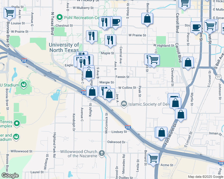 map of restaurants, bars, coffee shops, grocery stores, and more near 1126 Avenue A in Denton