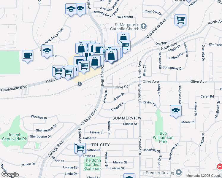 map of restaurants, bars, coffee shops, grocery stores, and more near 2551 Felinda Way in Oceanside