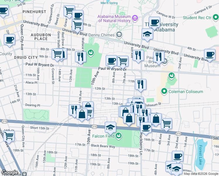 map of restaurants, bars, coffee shops, grocery stores, and more near 1120 8th Avenue in Tuscaloosa