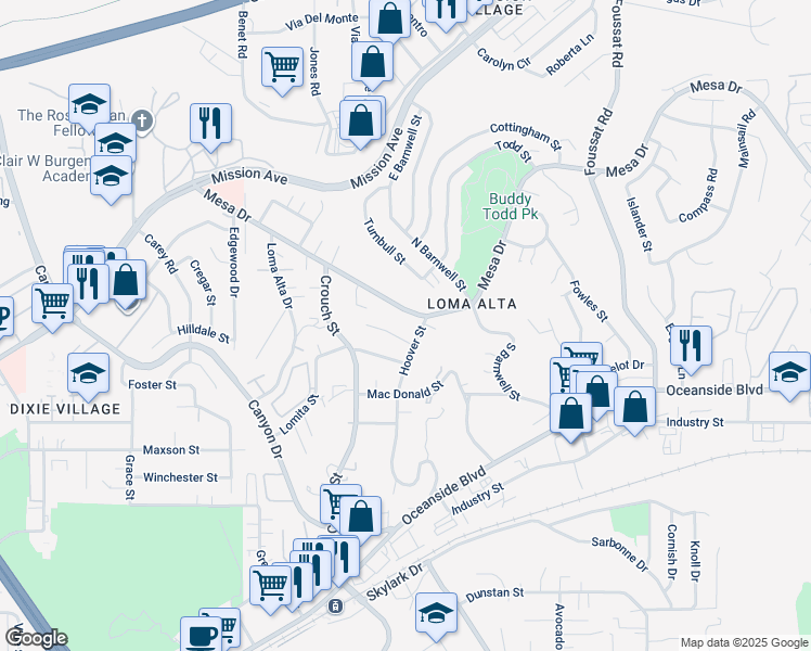 map of restaurants, bars, coffee shops, grocery stores, and more near 2743 Mesa Drive in Oceanside