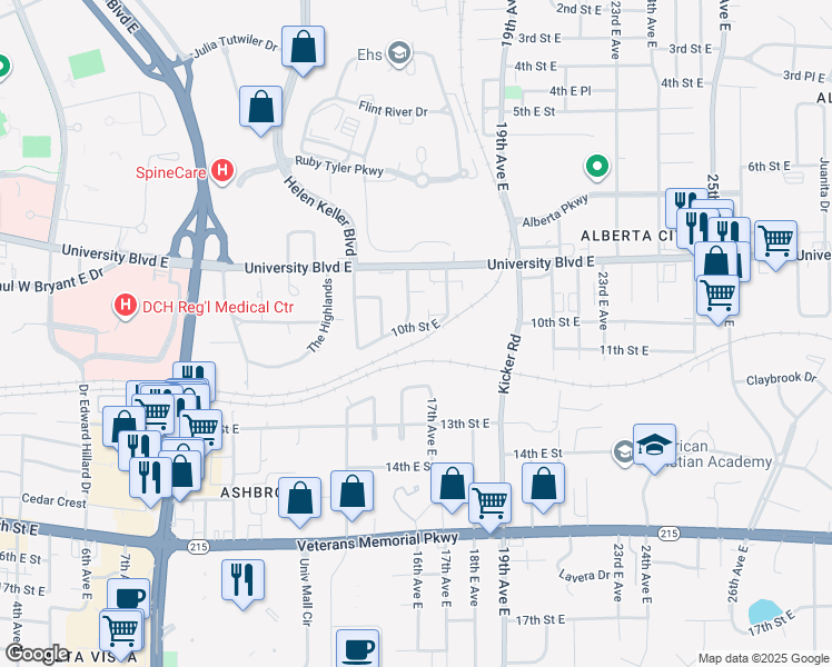 map of restaurants, bars, coffee shops, grocery stores, and more near J-2 10th Avenue East in Tuscaloosa