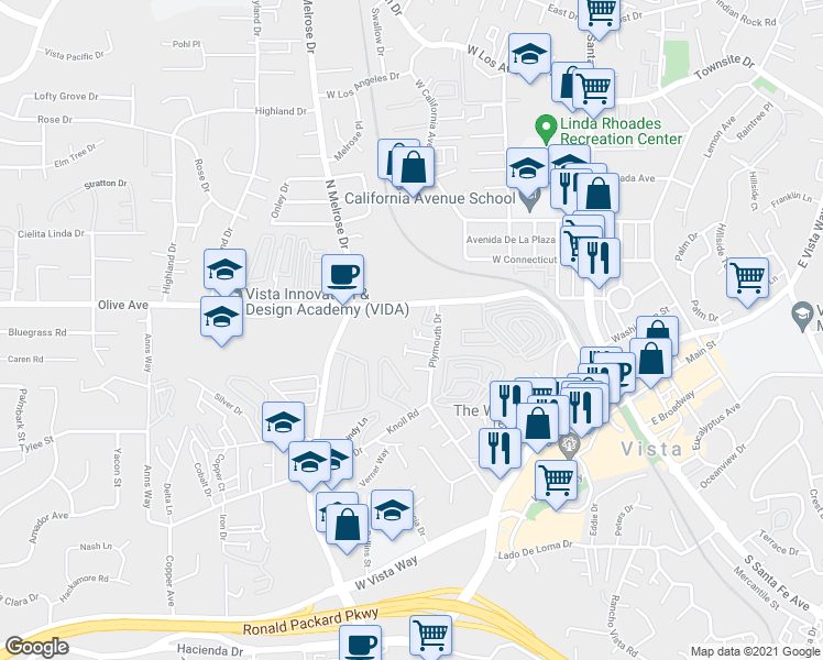 map of restaurants, bars, coffee shops, grocery stores, and more near 424 Plymouth Drive in Vista