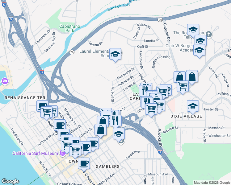 map of restaurants, bars, coffee shops, grocery stores, and more near 729 Santa Barbara Street in Oceanside