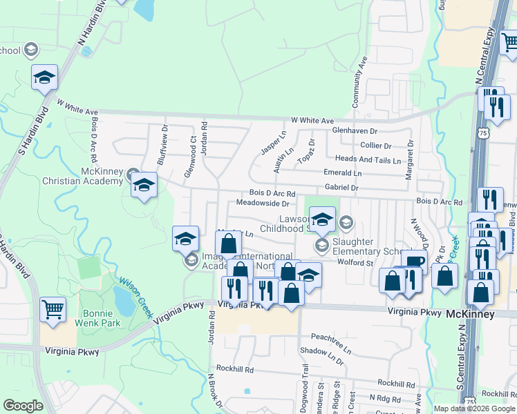 map of restaurants, bars, coffee shops, grocery stores, and more near 2819 Meadowside Drive in McKinney