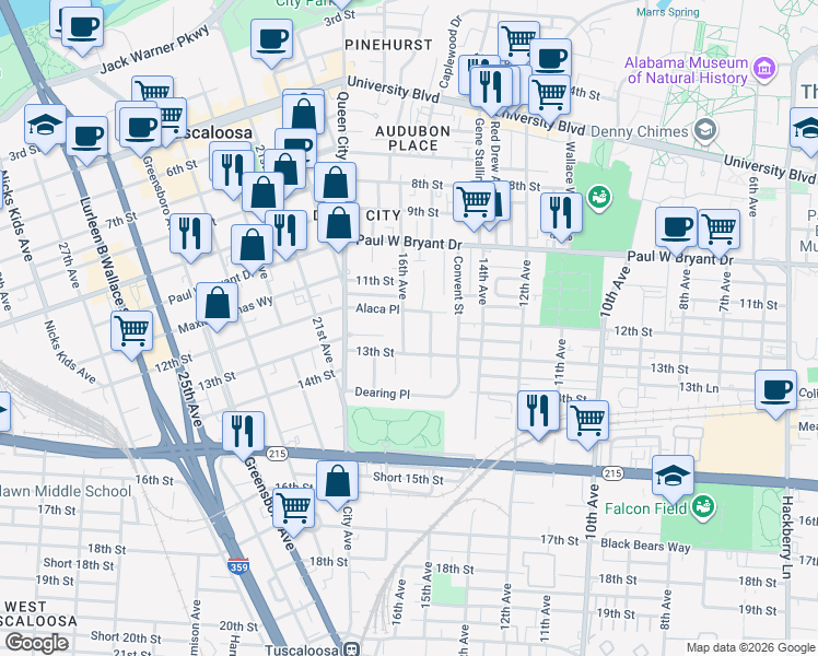 map of restaurants, bars, coffee shops, grocery stores, and more near 1217 16th Avenue in Tuscaloosa