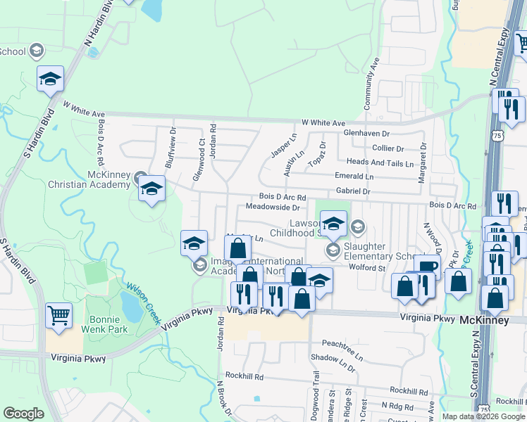 map of restaurants, bars, coffee shops, grocery stores, and more near 2819 Meadowside Drive in McKinney