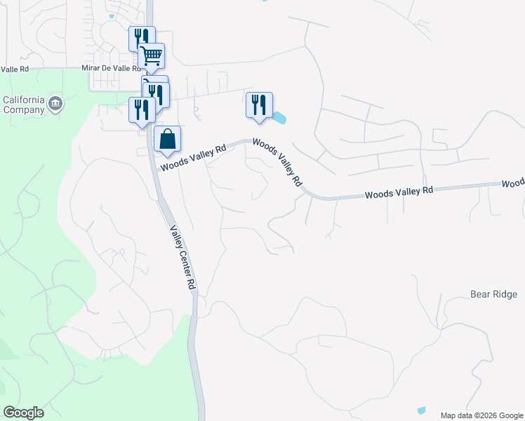 map of restaurants, bars, coffee shops, grocery stores, and more near 14179 Woods Valley Road in Valley Center