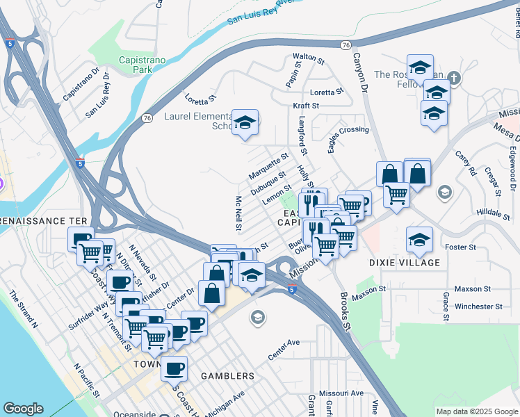 map of restaurants, bars, coffee shops, grocery stores, and more near 729 Santa Barbara Street in Oceanside