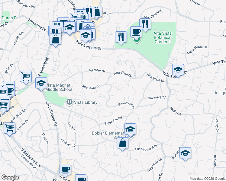 map of restaurants, bars, coffee shops, grocery stores, and more near 144 Beaumont Drive in Vista
