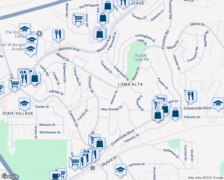 map of restaurants, bars, coffee shops, grocery stores, and more near 2743 Mesa Drive in Oceanside