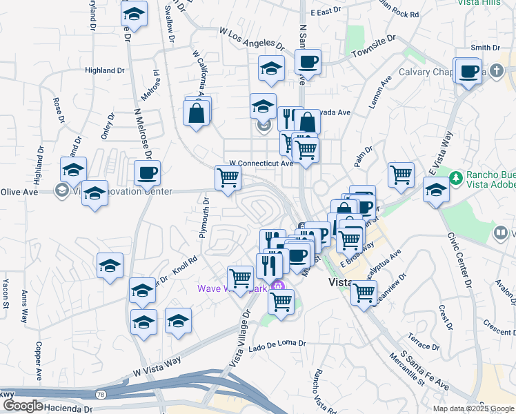 map of restaurants, bars, coffee shops, grocery stores, and more near 200 Olive Avenue in Vista