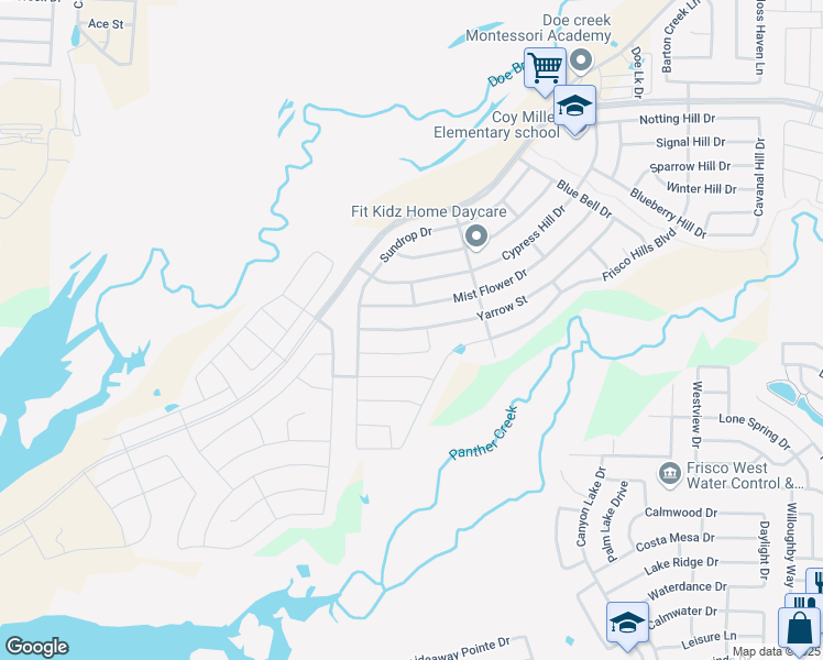 map of restaurants, bars, coffee shops, grocery stores, and more near 1105 Yarrow Street in Little Elm