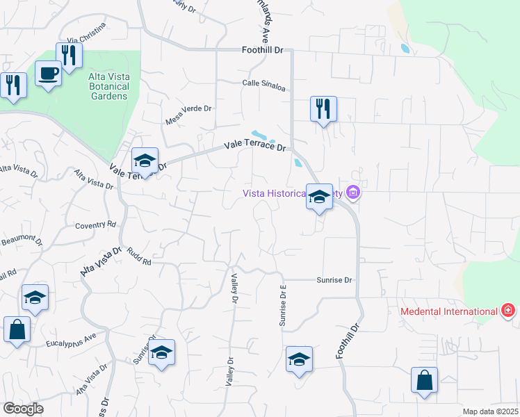 map of restaurants, bars, coffee shops, grocery stores, and more near 302 Sunrise Circle in Vista