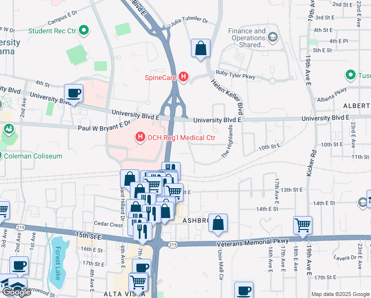 map of restaurants, bars, coffee shops, grocery stores, and more near 16 The Highlands in Tuscaloosa
