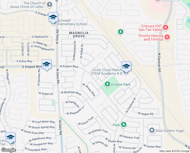 map of restaurants, bars, coffee shops, grocery stores, and more near 963 West Angus Road in San Tan Valley
