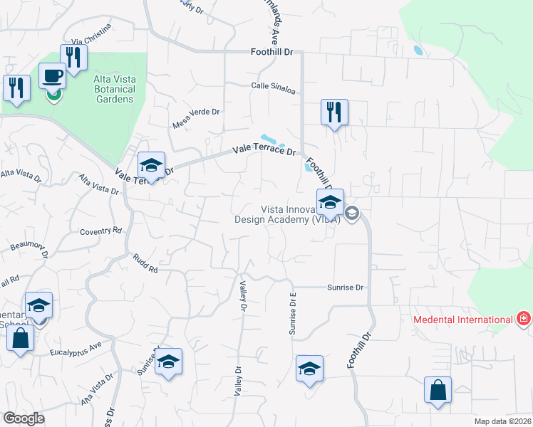 map of restaurants, bars, coffee shops, grocery stores, and more near 302 Sunrise Circle in Vista