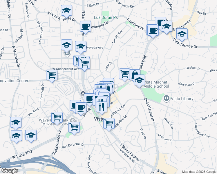 map of restaurants, bars, coffee shops, grocery stores, and more near 204 North Citrus Avenue in Vista
