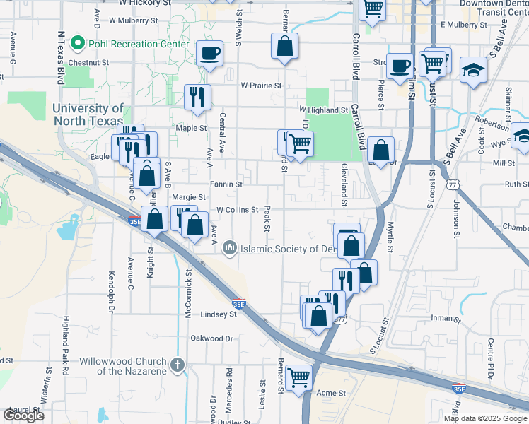map of restaurants, bars, coffee shops, grocery stores, and more near 1102 Peak Street in Denton