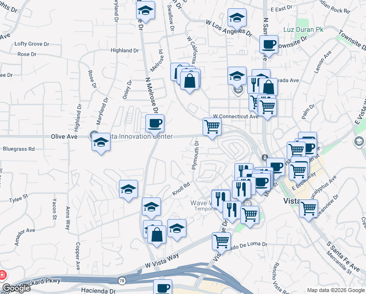 map of restaurants, bars, coffee shops, grocery stores, and more near 424 Plymouth Drive in Vista