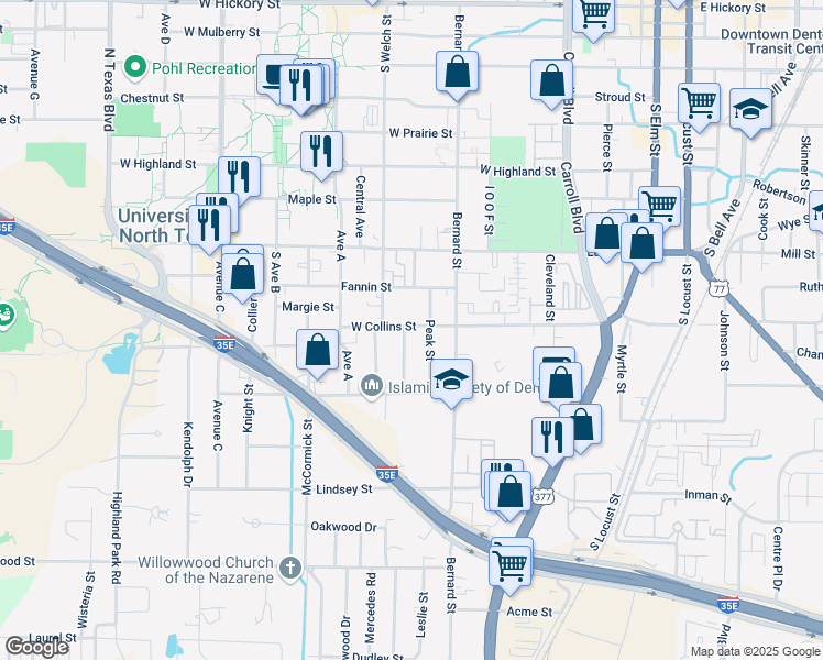 map of restaurants, bars, coffee shops, grocery stores, and more near 1101 Norman Street in Denton