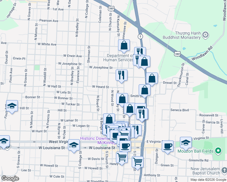 map of restaurants, bars, coffee shops, grocery stores, and more near 612 N Wood St in McKinney