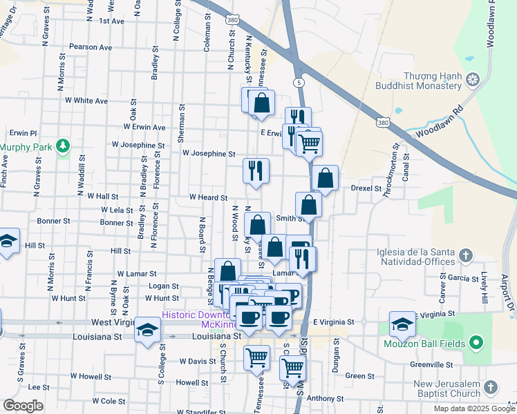 map of restaurants, bars, coffee shops, grocery stores, and more near 707 North Tennessee Street in McKinney