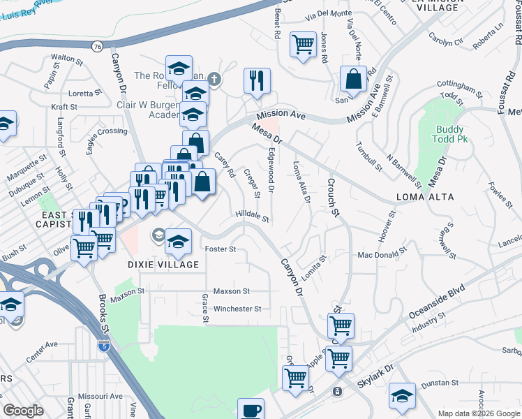 map of restaurants, bars, coffee shops, grocery stores, and more near 174 Cregar Street in Oceanside