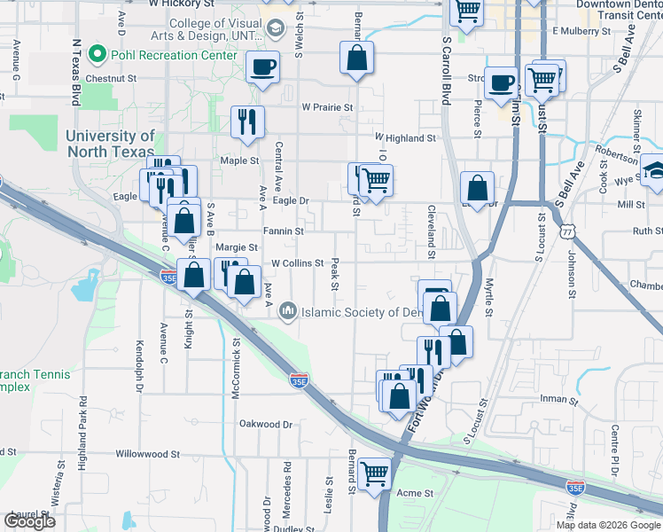 map of restaurants, bars, coffee shops, grocery stores, and more near 1102 Peak Street in Denton