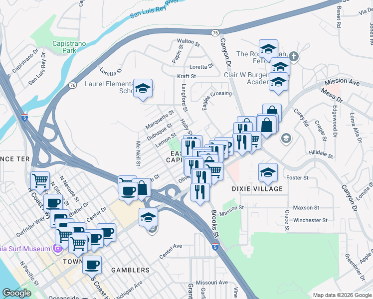 map of restaurants, bars, coffee shops, grocery stores, and more near 1503 East Puls Street in Oceanside
