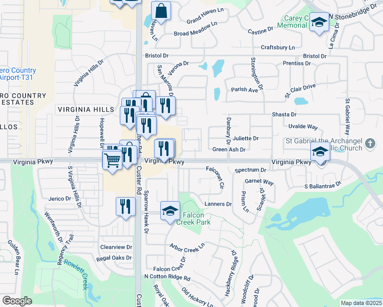 map of restaurants, bars, coffee shops, grocery stores, and more near 8602 Virginia Parkway in McKinney