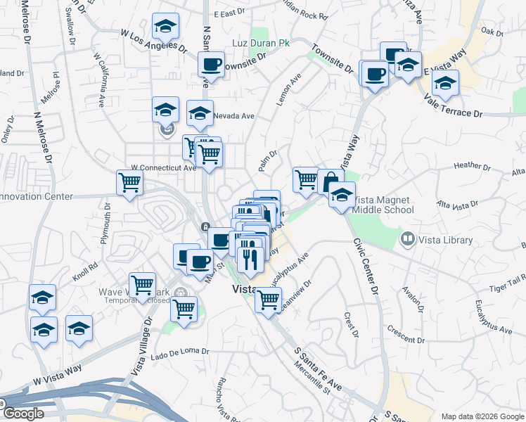 map of restaurants, bars, coffee shops, grocery stores, and more near 740-48 Vista Village Drive in Vista