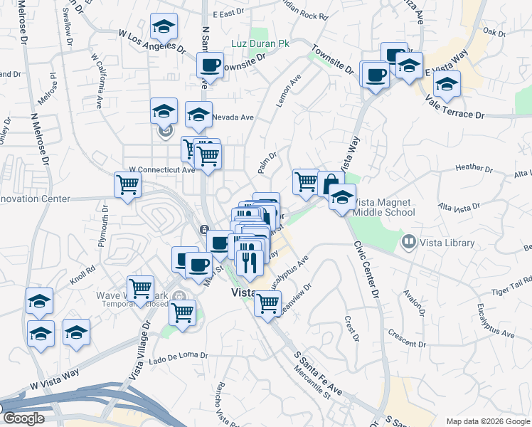 map of restaurants, bars, coffee shops, grocery stores, and more near 740-48 Vista Village Drive in Vista