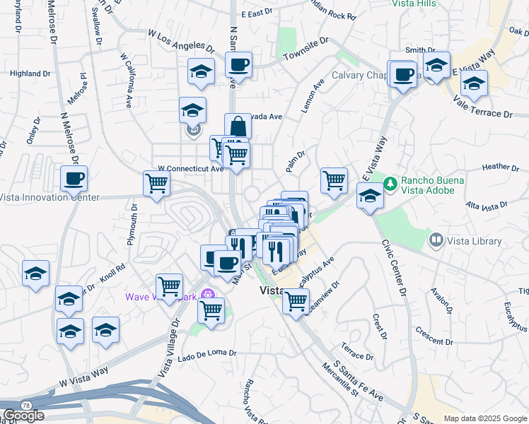 map of restaurants, bars, coffee shops, grocery stores, and more near 218 Washington Street in Vista