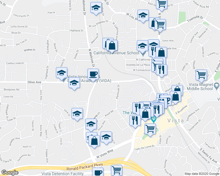 map of restaurants, bars, coffee shops, grocery stores, and more near 424 Plymouth Drive in Vista