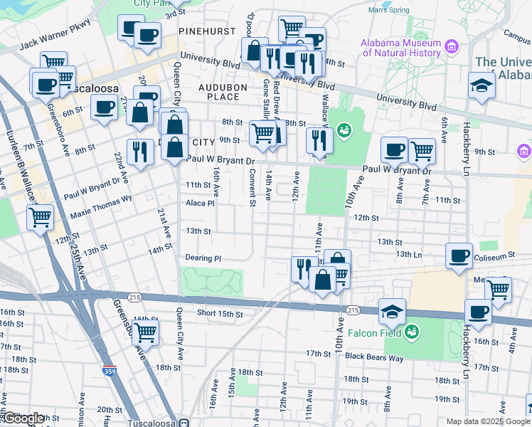 map of restaurants, bars, coffee shops, grocery stores, and more near 1196 14th Avenue in Tuscaloosa