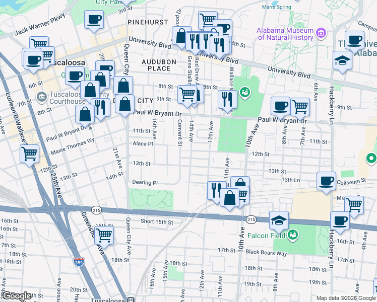 map of restaurants, bars, coffee shops, grocery stores, and more near 1196 14th Avenue in Tuscaloosa