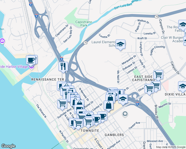 map of restaurants, bars, coffee shops, grocery stores, and more near 770 Harbor Cliff Way in Oceanside