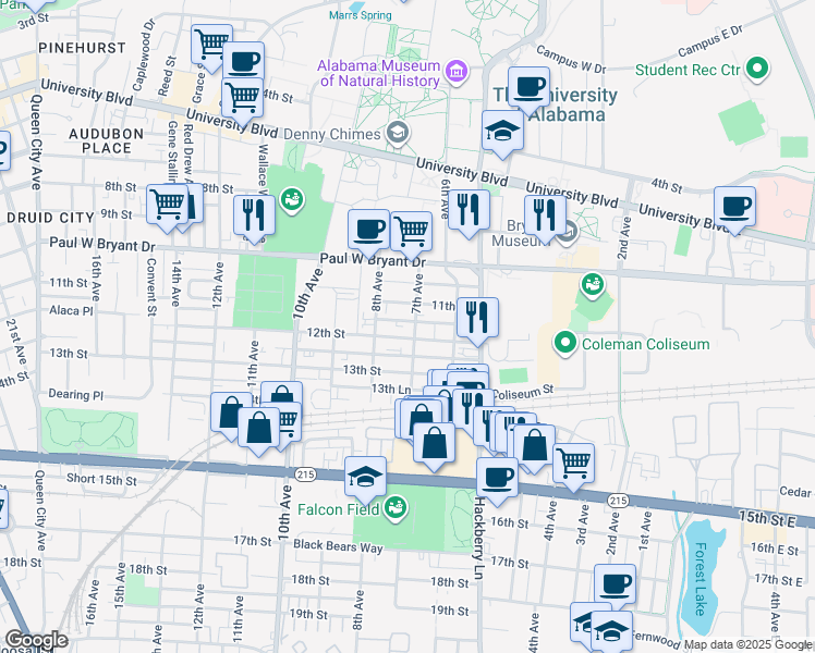 map of restaurants, bars, coffee shops, grocery stores, and more near 1116 7th Avenue in Tuscaloosa