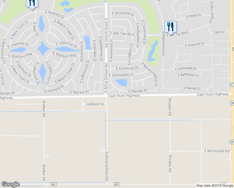 map of restaurants, bars, coffee shops, grocery stores, and more near 26634 South Drifter Drive in Chandler